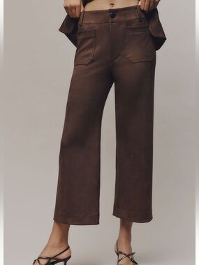 Anthropologie Colette Pants Maeve Cropped Wide-Leg High-Rise Suede Pants Brown